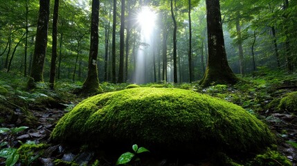 Sunlight streams through misty forest, mossy rock foreground