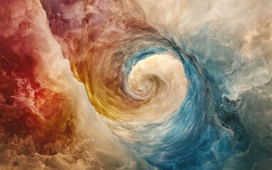 Fototapeta premium A swirling vortex of colors and textures, evocative of a storm or celestial phenomenon. The artwork is dominated by shades of red, blue, and white, blending to create a sense of movement and depth.