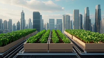 Fototapeta premium Climate resilience sustainability and risk, A rooftop garden with lush greenery overlooks a modern cityscape, showcasing urban agriculture and sustainability.