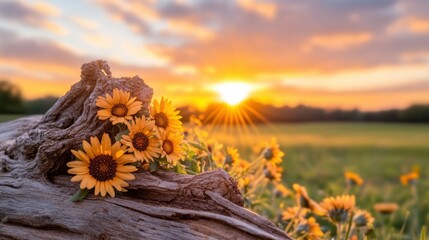 Sunrise sunflowers on driftwood, field background