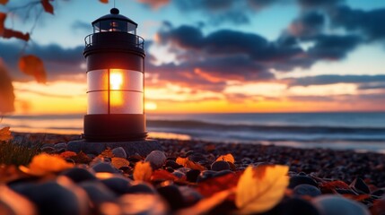 Coastal lantern at sunset, autumn beach, dramatic sky