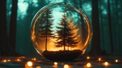 Crystal ball forest scene, trees within, mystical forest background,  evening, for nature poster or desktop