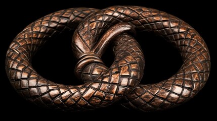 Obraz premium Intricately carved wooden sculpture of two snakes intertwined in a circular knot, set against a black background.