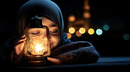 Child with oil lamp at night, city lights in background.  Possible use Ramadan, faith, hope