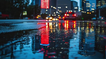 Obraz premium City lights reflected on a rainy street. Wet roads reflecting blurred lights. Urban reflections creating a vibrant and dynamic scene.