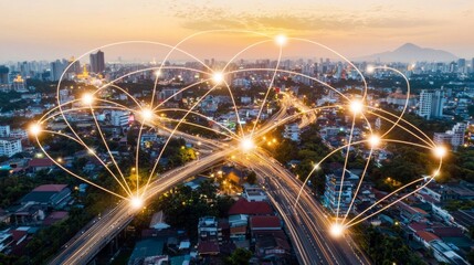 Fototapeta premium The city of the future is seen from above at twilight, with a network of glowing orange connections