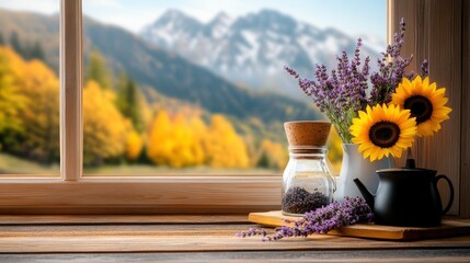 Autumn window view with flowers and mountains