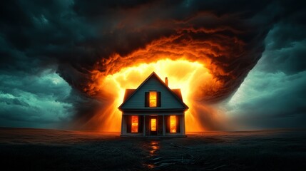 Fiery House Amidst Storm Clouds