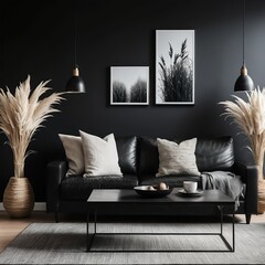 Modern Dark Living Room Interior with Black Leather Sofa and Pampas Grass
