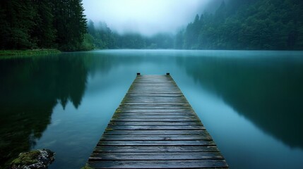 Serene Misty Lake with Wooden Dock: A Tranquil Escape