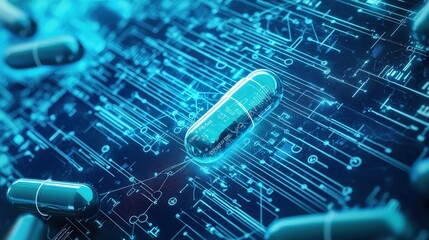 Digital Medicine Concept with Capsules and Data Network Background