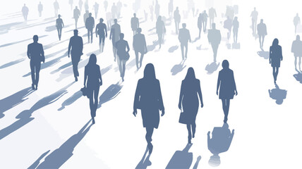 The image depicts a large group of indistinct human silhouettes walking in an urban setting.  The figures are rendered in shades of blue and gray, appearing somewhat hazy and lacking distinct