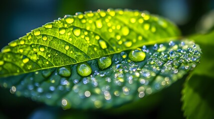 A vibrant green leaf glistening with countless water droplets reflecting sunlight in a close-up macro shot.