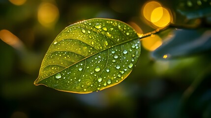 A single vibrant green leaf glistens with morning dew drops backlit by warm golden sunlight creating a stunning natural scene.