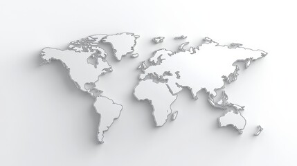 White 3D model of the world map on a white background. Simple, clean, and minimalist design. Ideal for presentations, education, and global concepts.