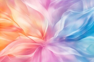 Abstract, swirling colors resembling a delicate flower with vibrant hues of orange, pink, and blue. The fabric or material appears ethereal, creating a sense of movement and fluidity.