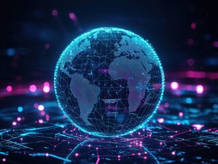 Obraz premium Digital World: A glowing globe of Earth is constructed with connected points, representing global networks and technological advancement.