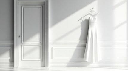 Elegant White Wedding Dress Hanging In A Sunlit Room Interior Design With Natural Light And Shadowing Effects. Simple Wedding Dress. Modern Style. Minimalist Approach. Simple Elegance. Clean Lines