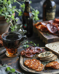 Fototapeta premium Beer served in a handcrafted clay mug, displayed alongside rustic charcuterie