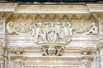 Medieval stone carving decorations in the facade of the Casa Consistorial, Seville, Spain
