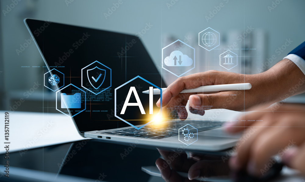 Poster AI technology and future innovation, Humans integrate AI into work for efficiency. Machine learning,Deep learning,Big data connectivity drive the next generation of artificial intelligence solutions