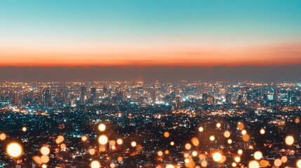 Fototapeta premium At sunset, an aerial view of the cityscape at night reveals a haze-filled background, urban lights, and a futuristic design