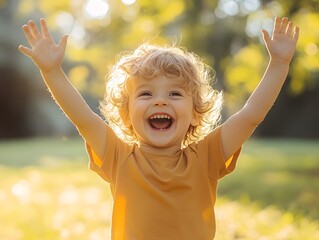A joyful toddler boy with curly blond hair laughs happily outdoors in a sunny park raising his arms in the air.