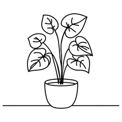 Indoor plant in pot, continuous one line drawing