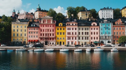 Fototapeta premium Colorful Waterfront Buildings in Stockholm with Calm Water Reflection