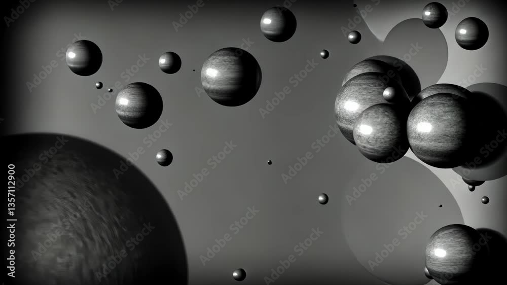 Poster A close up of many black spheres. The spheres are all different sizes and are scattered throughout the image