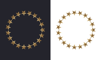 Set of gold stars in a circle isolated on dark and light background Vector illustration of a circular frame with gold stars for badge, emblem and seal