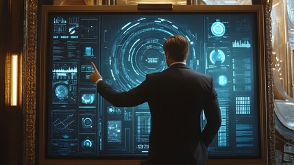 Data Visualization: A professional, absorbed in the mesmerizing world of data, is interacting with a large, interactive screen showcasing intricate charts, graphs, and data visualizations.
