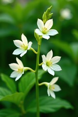 Andrographis paniculata flowers blooming on a green stem in a lush garden setting,  lush,  andrographis
