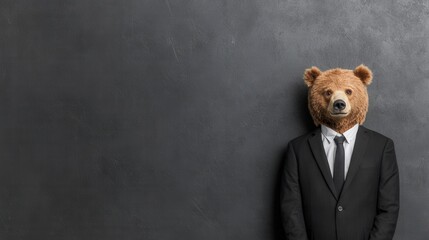 Bear headed businessman in a dark suit stands against a gray background. The image has a surreal and humorous tone.
