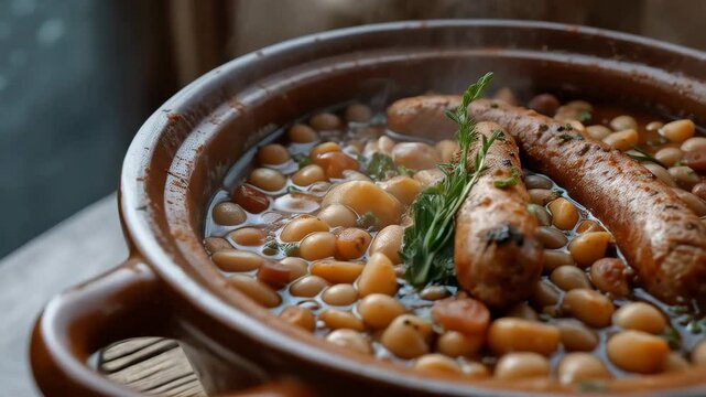 Delicious Homemade Sausage and Bean Stew in Rustic Brown Pot Savory Autumnal Dish