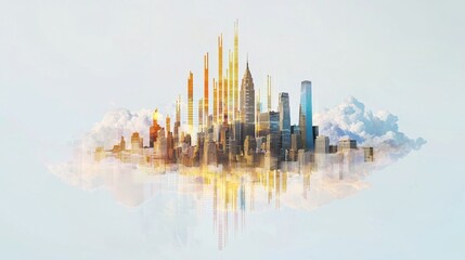 Fototapeta premium Dramatic city skyline at sunset with a backdrop of cloudy skies