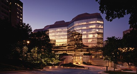 Obraz premium The office building is a modern edifice complemented by verdant landscaping and a cloudless blue sky