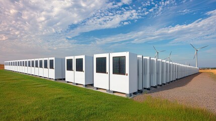 Naklejka premium Climate resilience sustainability and risk, A row of energy storage units alongside wind turbines under a blue sky, emphasizing renewable energy and sustainability in a green landscape.
