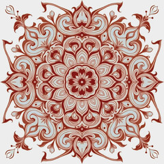 A red and white flowery design with a blue background. The design is very intricate and detailed