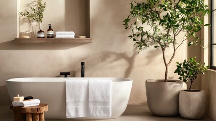 Serene Modern Bathroom with Bathtub, Plants, and Natural Light