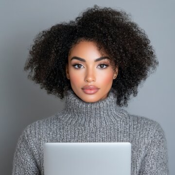 Portrait of a young woman with a voluminous afro hairstyle, wearing a gray turtleneck sweater, holding a laptop against a gray background. 