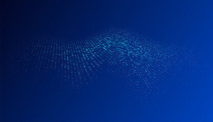 Abstract digital wave pattern with glowing blue dots on dark gradient background, futuristic technology concept with flowing data visualization