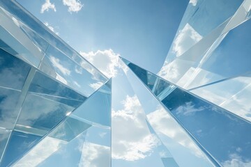 low-angle shot of a modern building with glass facade reflecting a cloudy blue sky