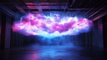 An artistic, illuminated cloud installation, showcasing vibrant colors and unique ambiance. It fills a room with a dreamlike atmosphere, glowing in a mesmerizing display