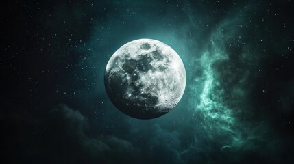 Fototapeta premium Stunning Full Moon Against Dark Starry Sky with Ethereal Clouds