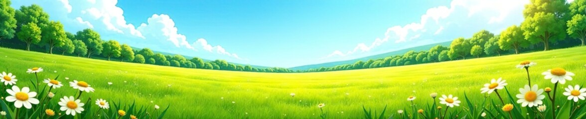 Fototapeta premium An idyllic summer landscape featuring lush green fields, vibrant flowers, and a clear blue sky, flowers, blue sky