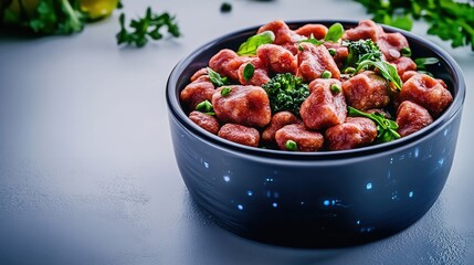A futuristic AI-generated concept showcases a delicious bowl of gnocchi with broccoli and peas served in a sleek dark bowl featu a subtle digital design.