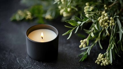 Lit candle in black container beside green plant on dark surface.