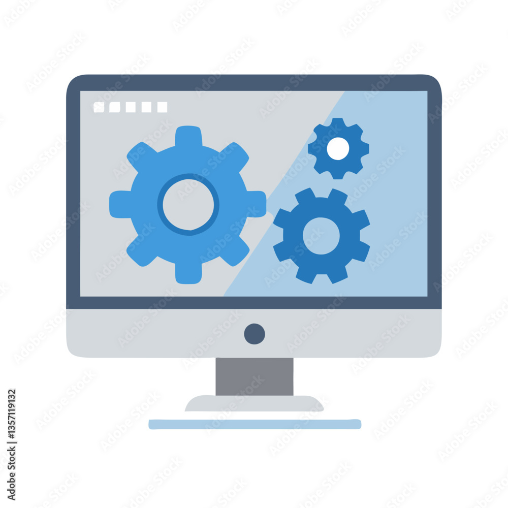 Fototapete Flat icon of a computer monitor displaying gear icons, symbolizing system optimization.