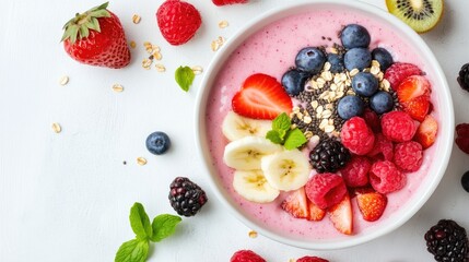 Fresh and Colorful Fruit Bowl with Berries and Granola Toppings